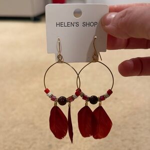 New never worn Red Feather Hoop Earrings